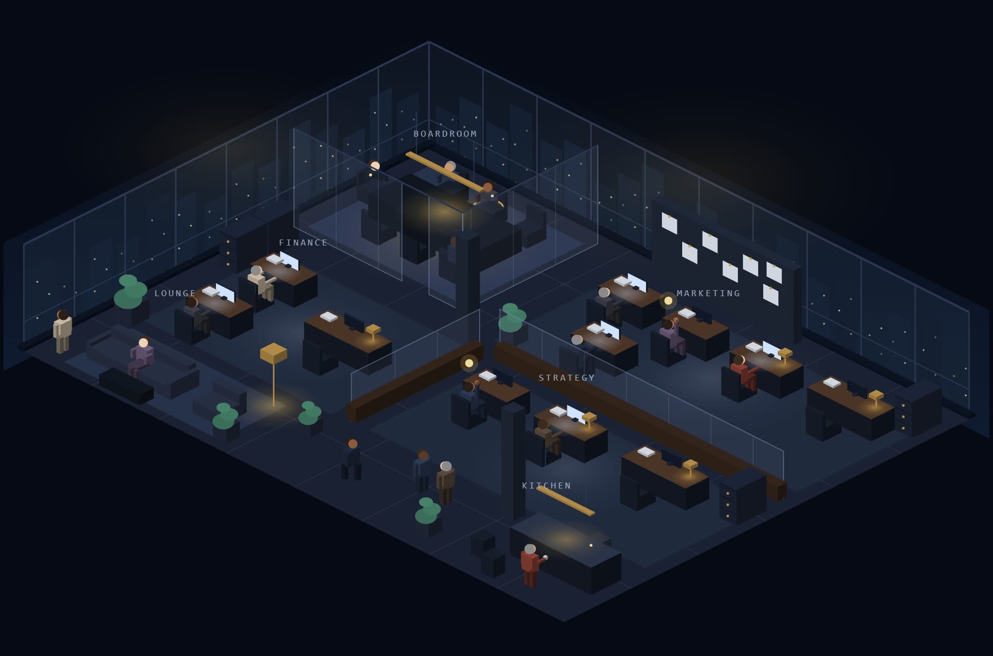 An illustration of the Cerno Virtual Office: a glass-walled isometric floor with desks, a lounge and a kitchen, and a Boardroom, with AI staff at work.